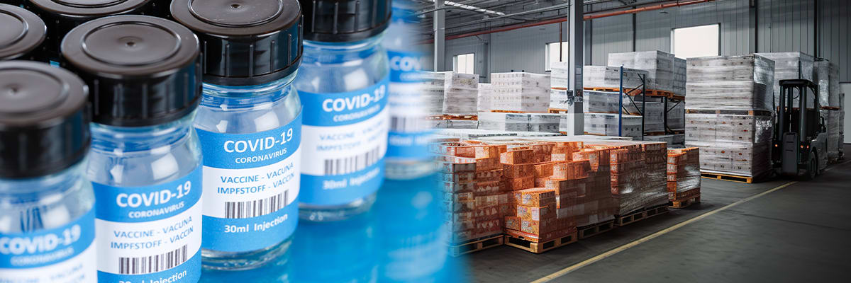 Pallets of temperature-sensitive product in cold storage representing food and life-science production needs