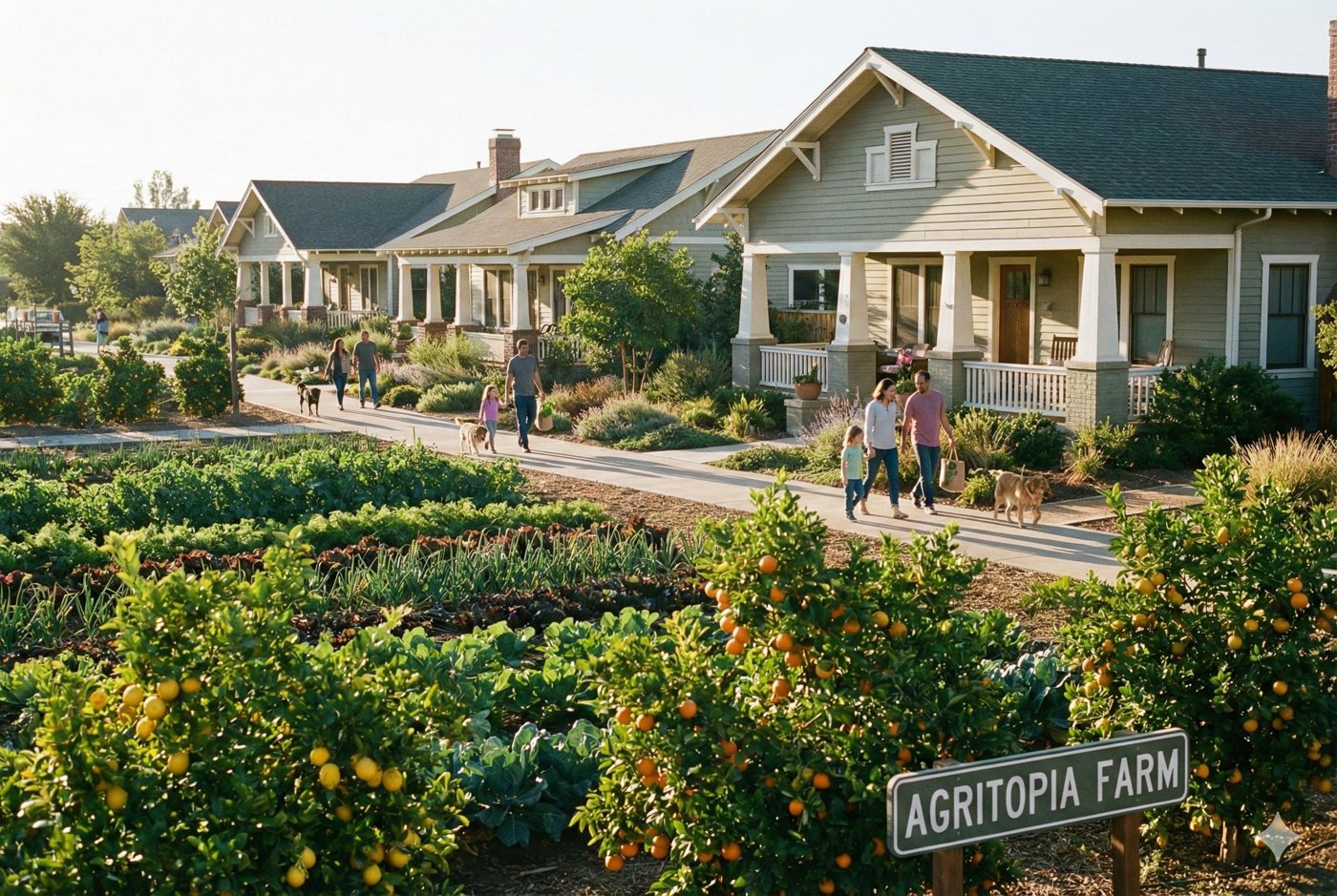 Rows of crops at Agritopia, the Gilbert, Arizona urban farm community, with the original farmhouse beyond
