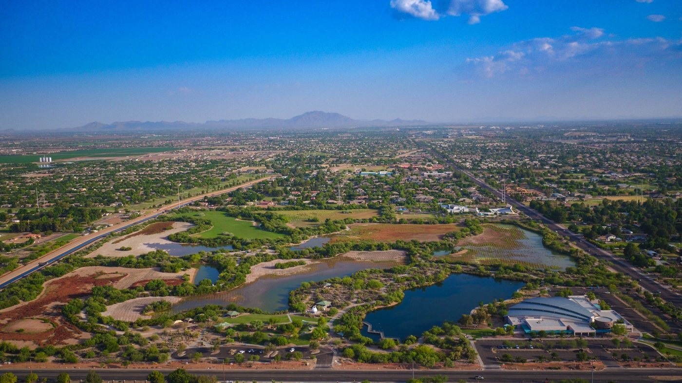 Aerial of the Riparian Preserve at Water Ranch in Gilbert, Arizona — a signature East Valley district served by KryoFridge cold storage