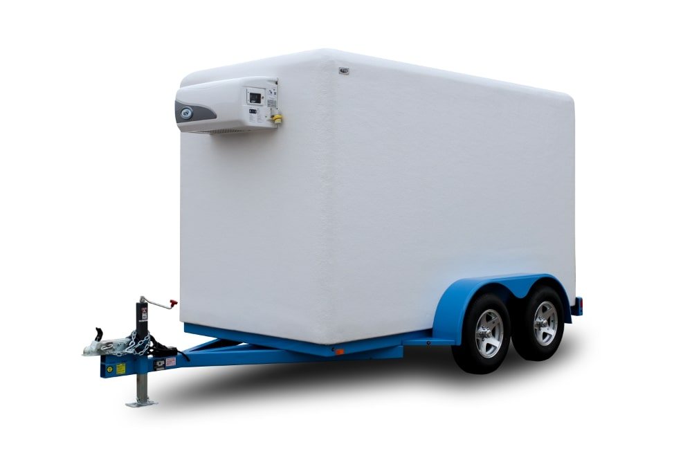 Clean side-profile of a KryoFridge freezer trailer available to rent in Gilbert, Arizona