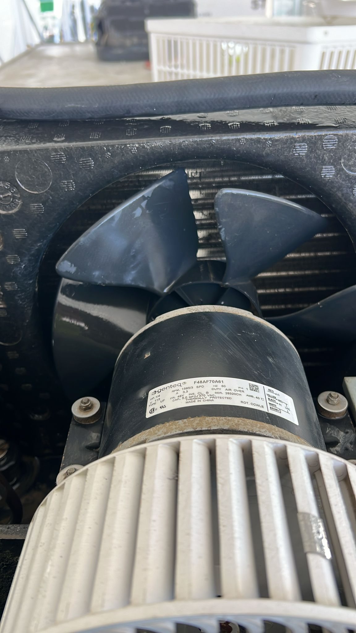 Close view of a KryoFridge trailer's refrigeration unit, which runs on a dedicated 120V circuit or a generator