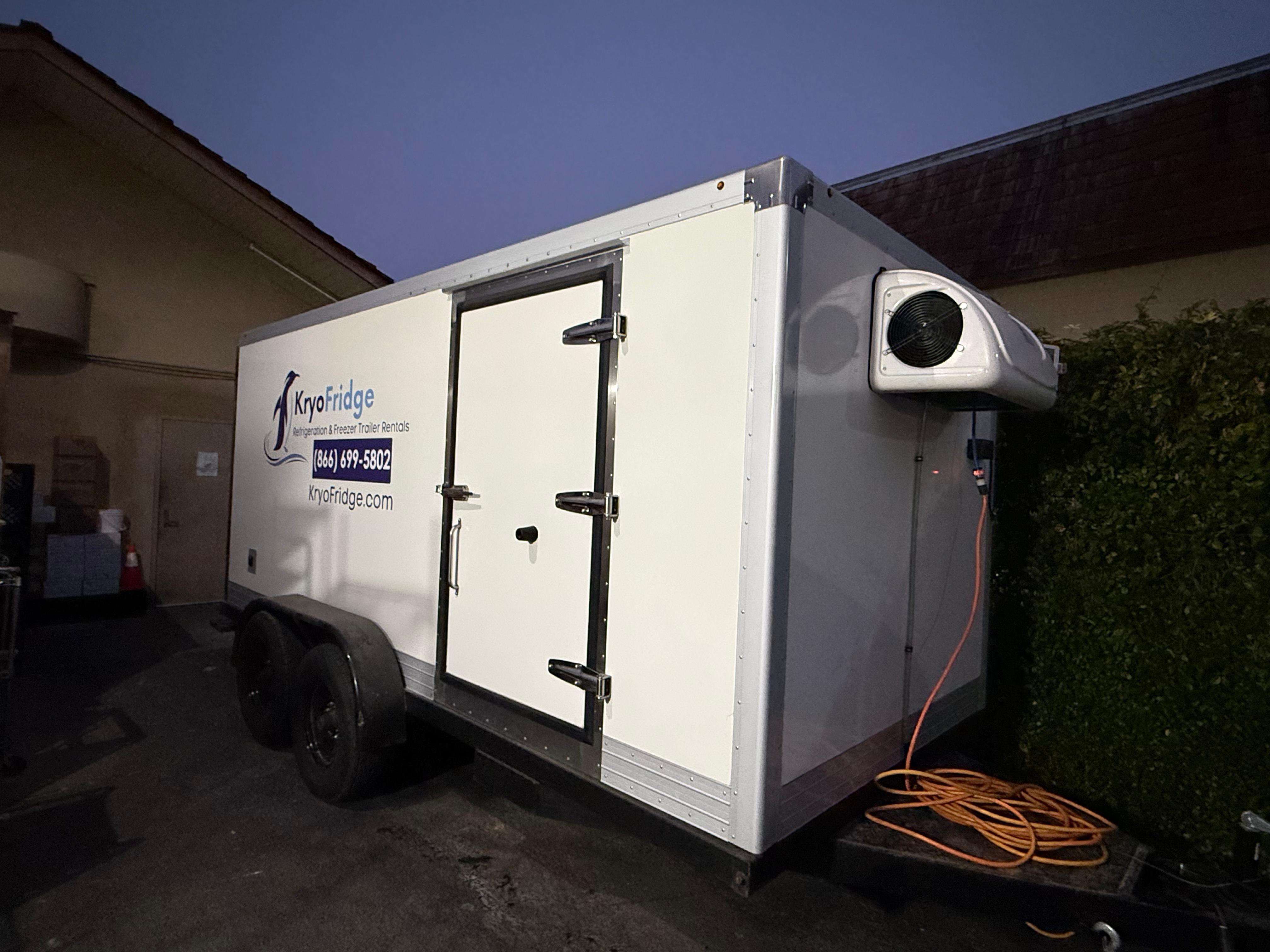 KryoFridge freezer trailer running into the evening on a power cord during a deployment