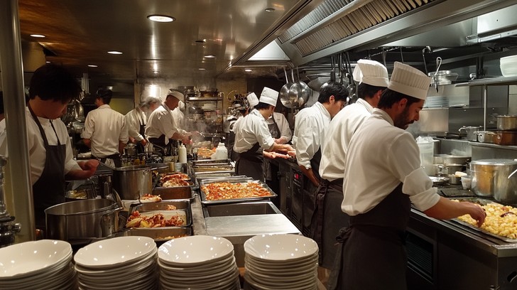 Busy commercial restaurant kitchen line in Phoenix, the kind of back-of-house operation that loses a full service when a walk-in cooler fails