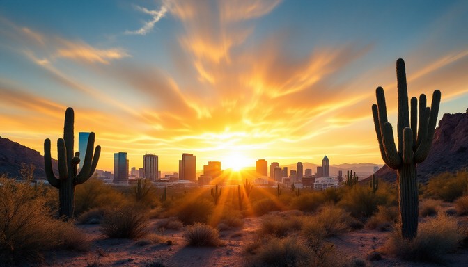 Phoenix skyline framed by saguaro cactus, the Valley market at the center of Arizona freezer trailer rental coverage