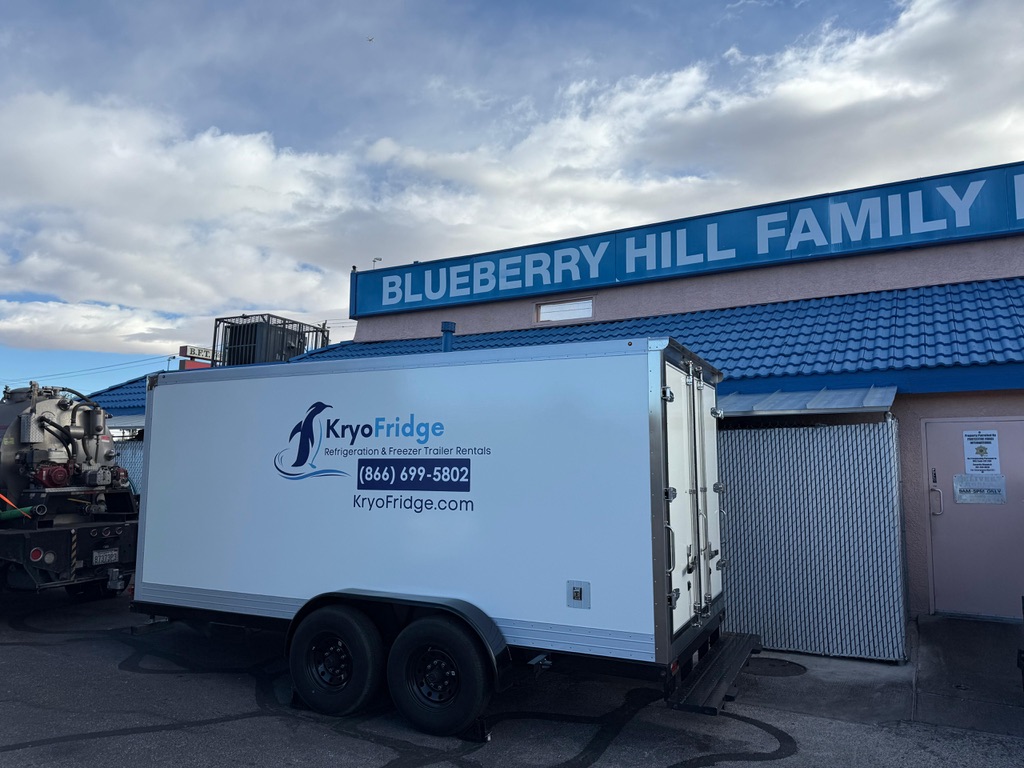 KryoFridge freezer trailer delivered at night for an emergency walk-in failure at an Arizona commercial kitchen