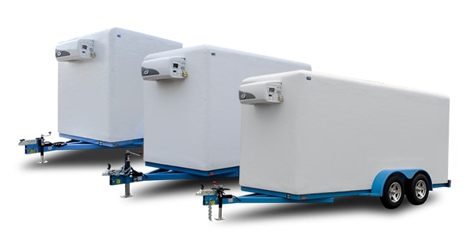 Three KryoFridge trailer sizes shown side by side, 6x8, 6x12 and 6x16 freezer and refrigerated trailer rentals