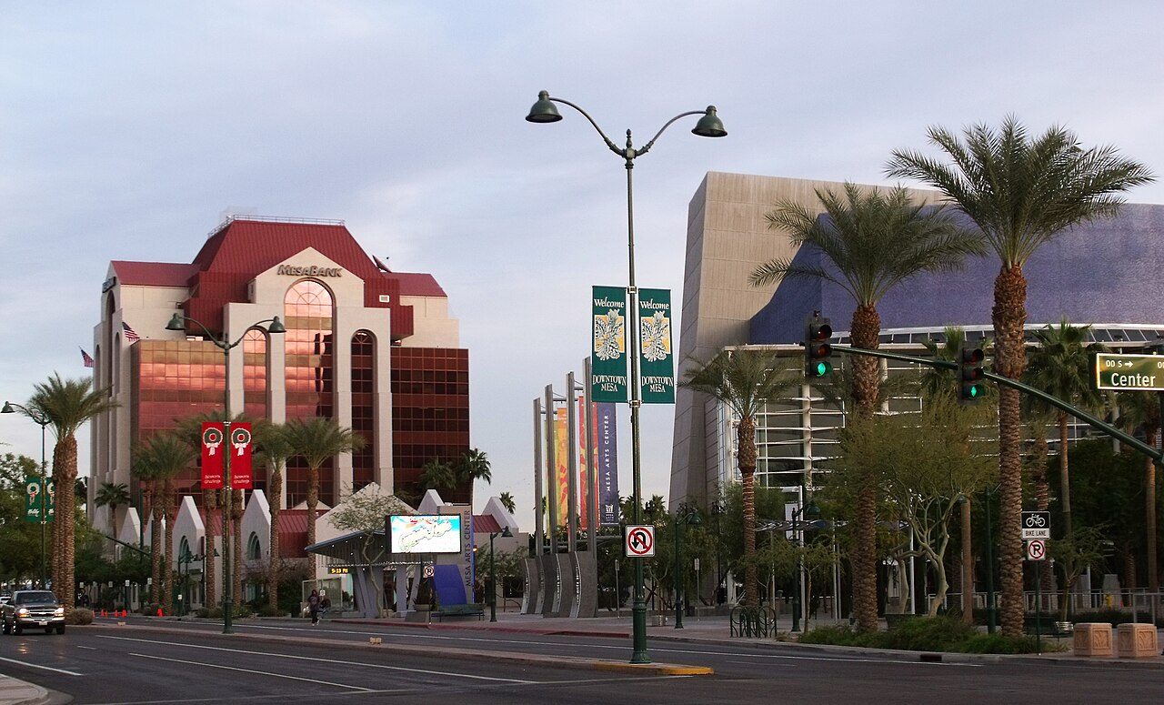 Downtown Mesa, Arizona, with the Mesa Arts Center and Main Street under a Sonoran sky
