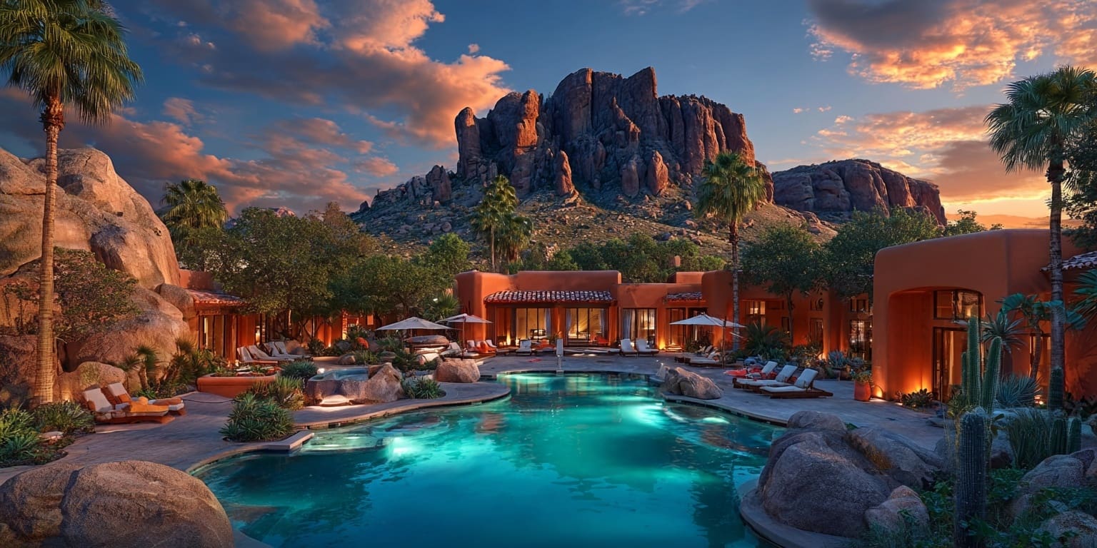 Luxury Scottsdale desert resort pool at dusk beneath a red rock mountain, a signature wedding and event setting