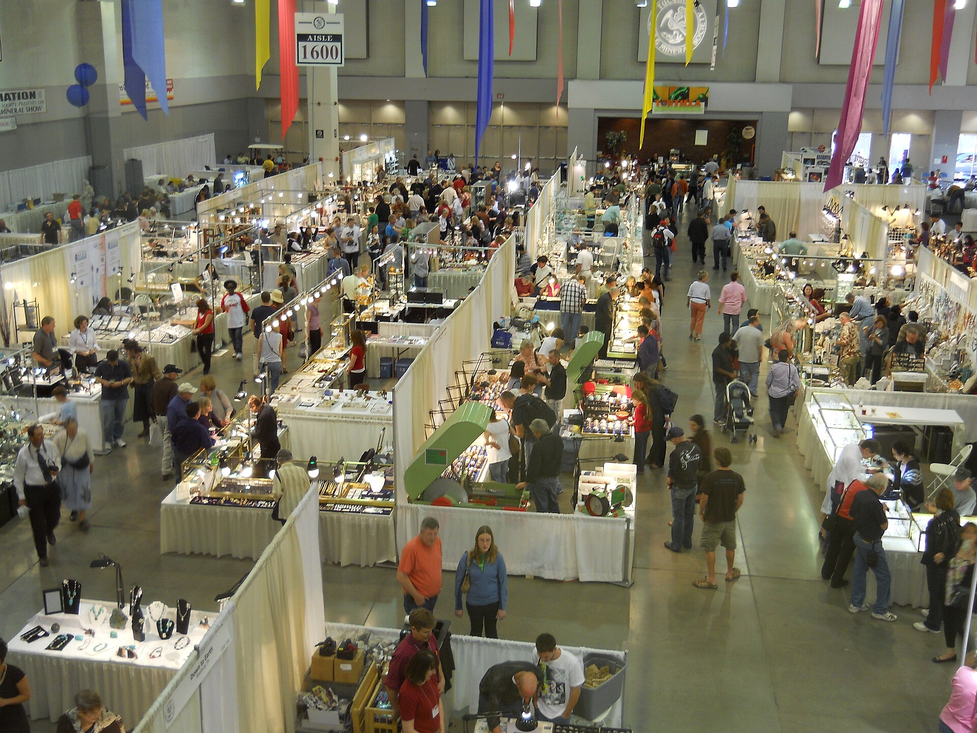Vendor floor of the Tucson Gem, Mineral and Fossil Showcase, a multi-week event that floods the city with temporary food operations