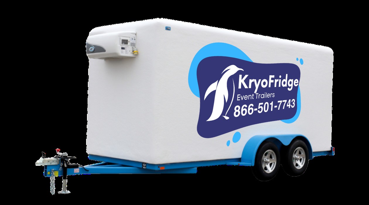 KryoFridge blue-and-white freezer trailer photographed in clean side profile, ready to deliver to an Escondido, CA cold-storage job