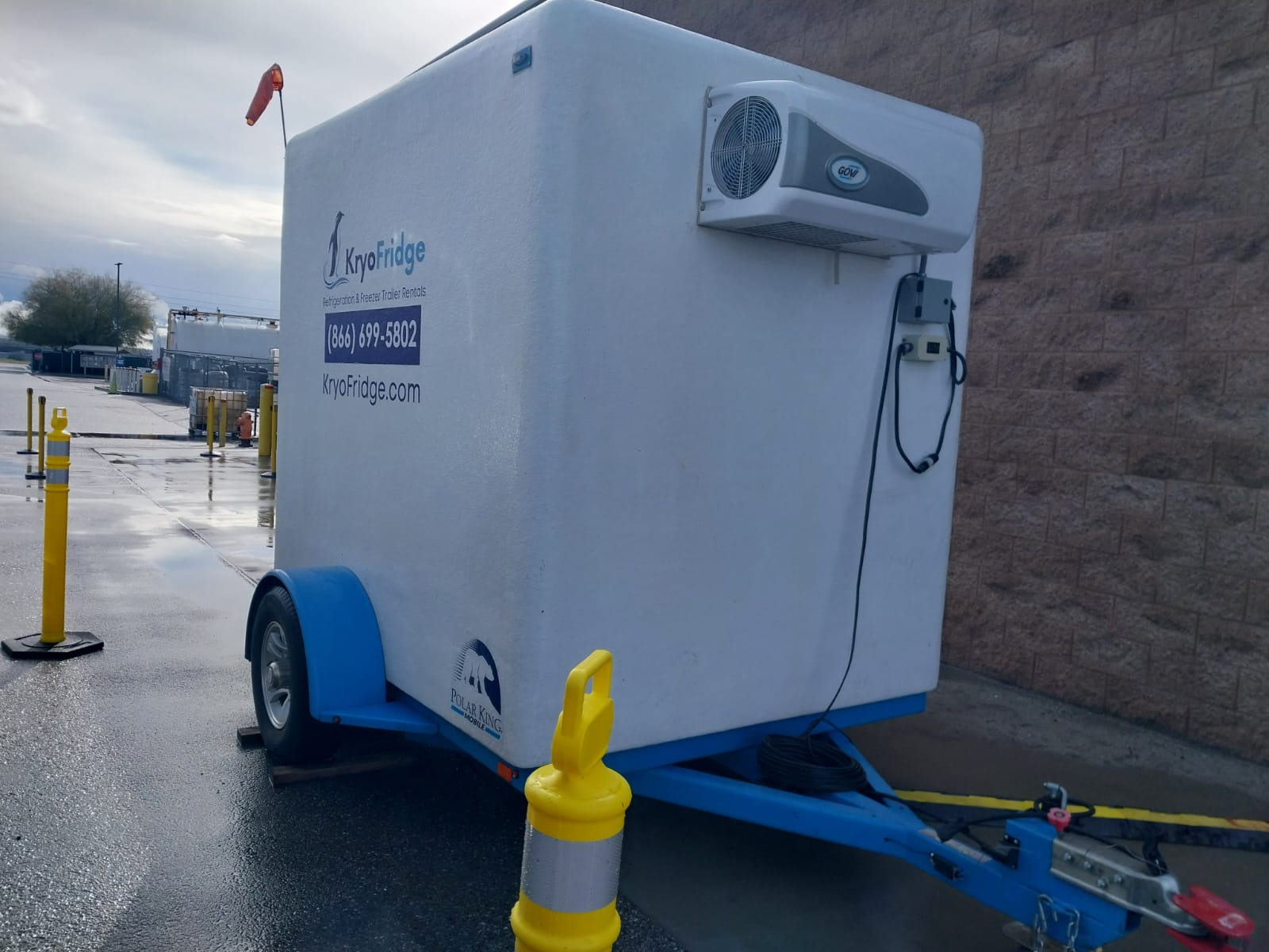 KryoFridge freezer trailer staged at night for an emergency cold-storage call, a marquee-brand level of response