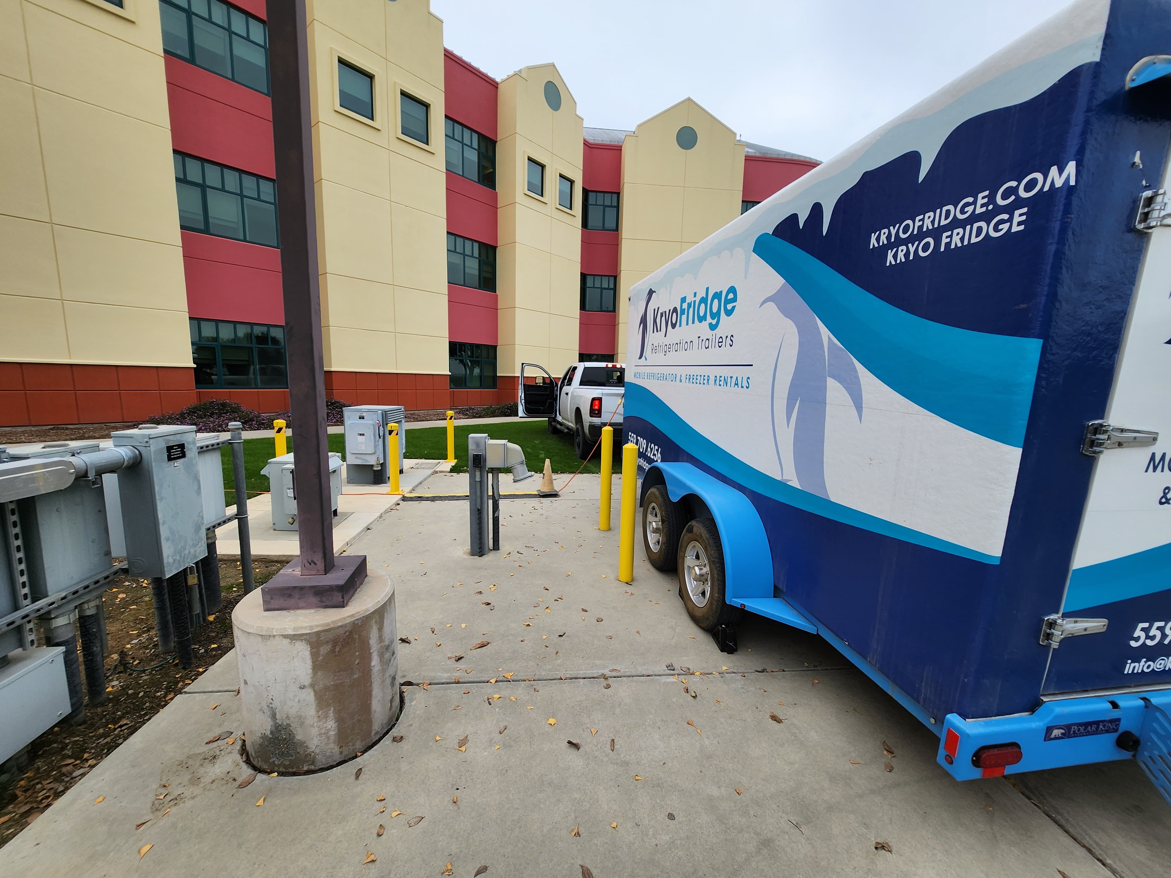KryoFridge refrigerated trailer with brand graphics staged on site for temporary freezer capacity
