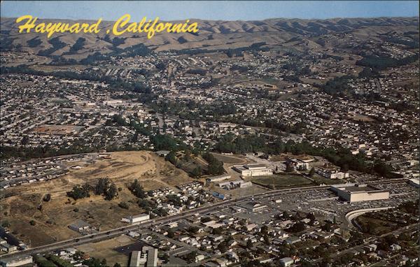 Aerial view of Hayward, California, spread between San Francisco Bay and the East Bay hills in Alameda County
