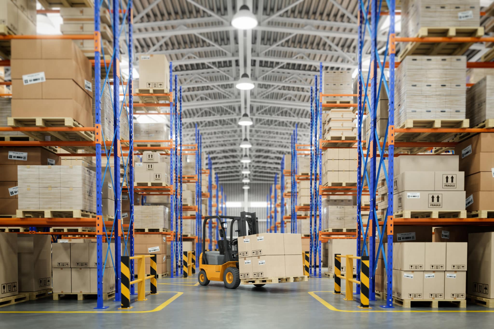 Interior of a large Hayward-area distribution warehouse with racked pallets and a forklift, part of the 880 logistics corridor