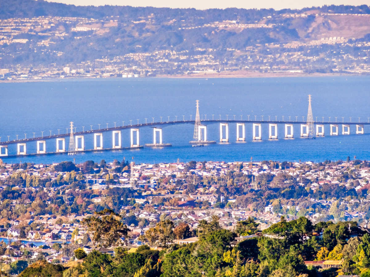 The San Mateo Bridge over San Francisco Bay at Hayward's shoreline, marking the city's position as an East Bay gateway