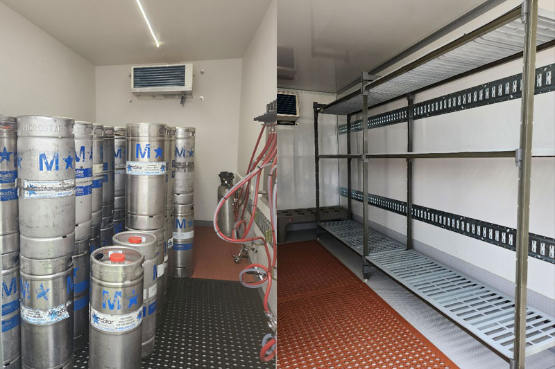 Kegs held cold inside a KryoFridge cold storage trailer running on a dedicated circuit