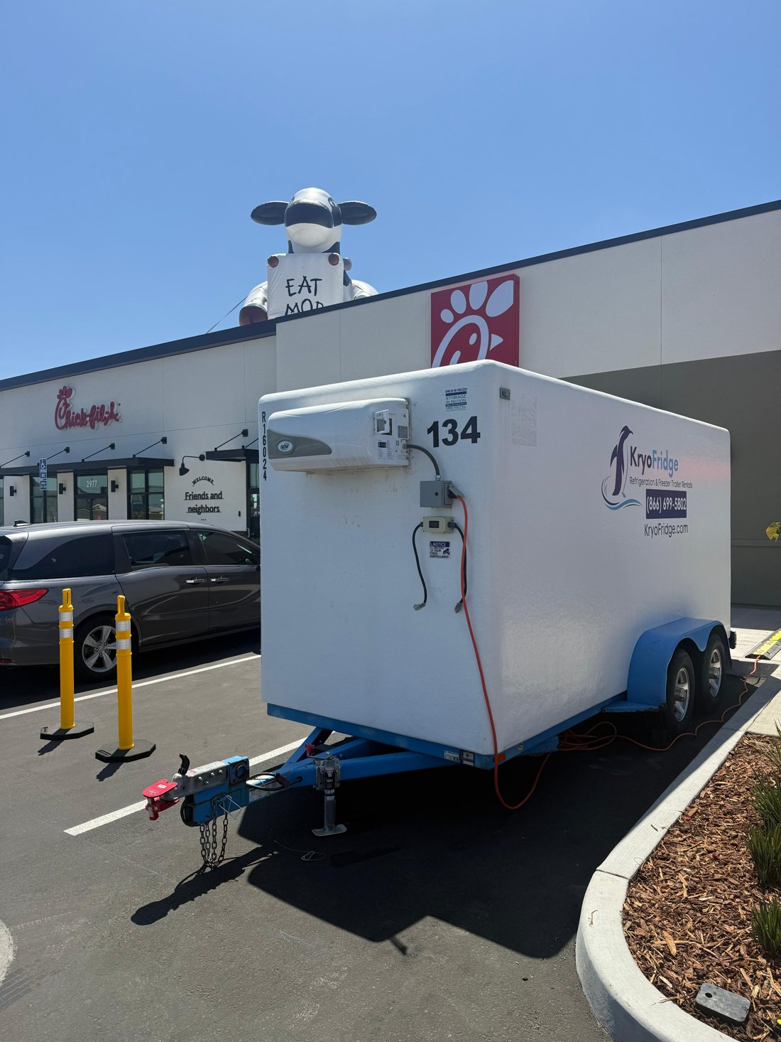 KryoFridge portable freezer trailer providing backup cold storage behind a Chick-fil-A drive-through