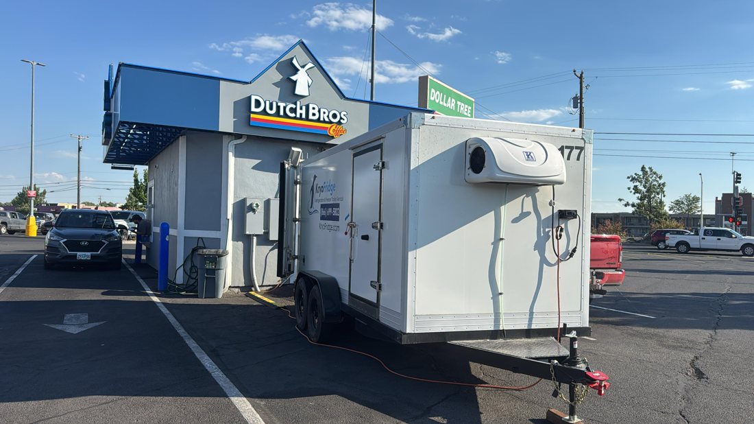 KryoFridge refrigerated trailer rental parked at a Dutch Bros coffee location for temporary cold storage