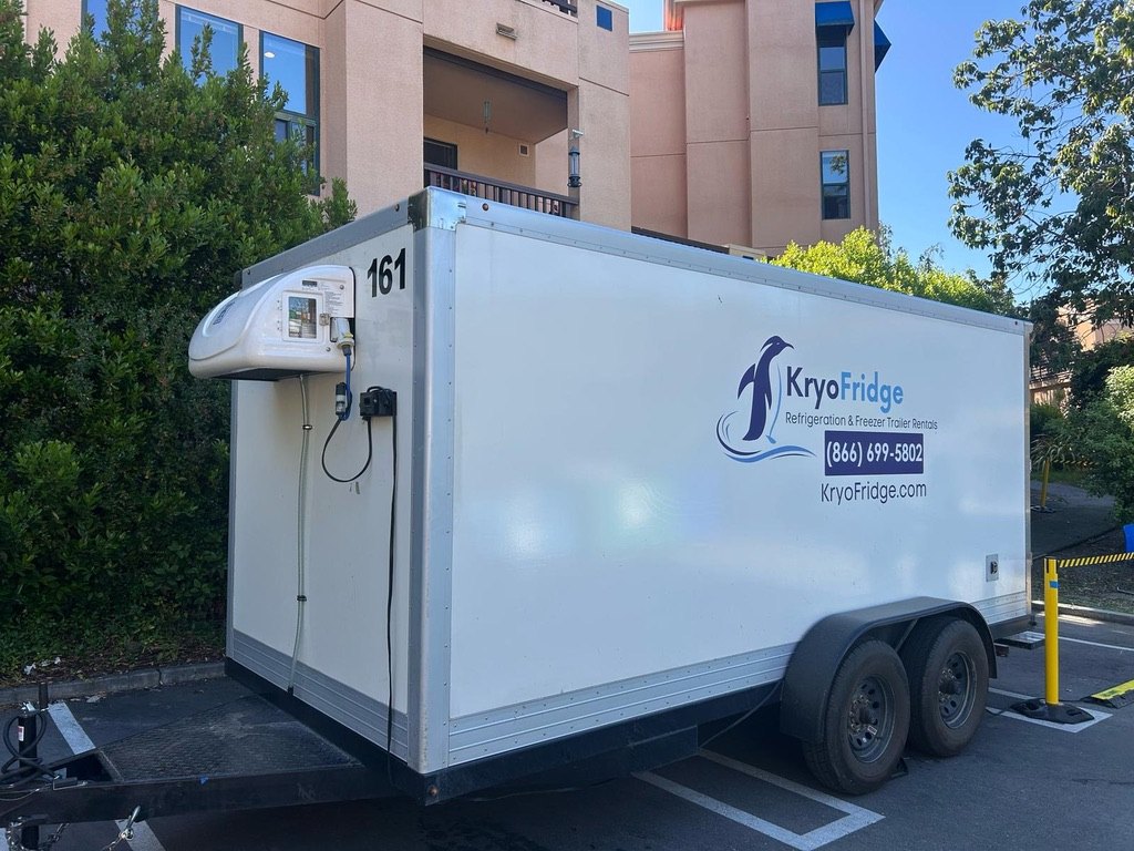 KryoFridge freezer trailer rental delivered and set on a Riverside commercial property