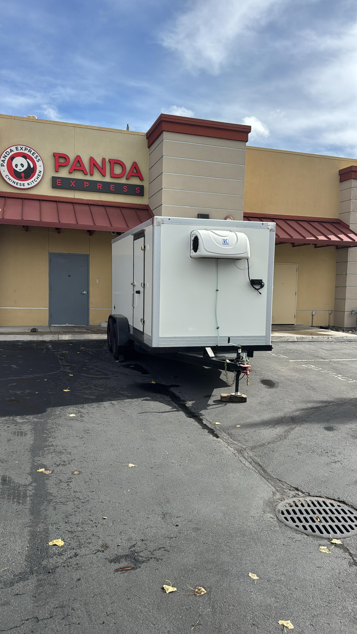 KryoFridge refrigerated trailer parked at a Panda Express restaurant, providing on-site backup freezer capacity