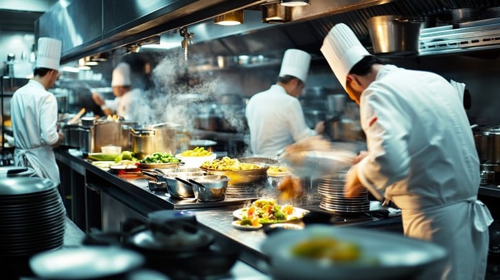 Busy Newhall restaurant kitchen line that depends on backup cold storage trailer rental during walk-in downtime