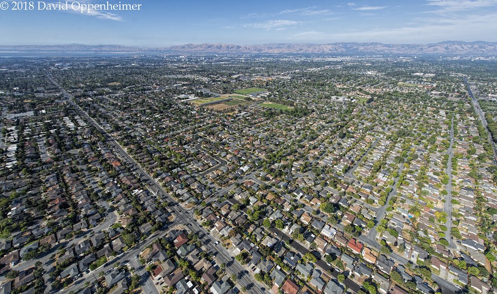 Aerial view over Sunnyvale, California, a dense Silicon Valley city served by KryoFridge mobile cold storage