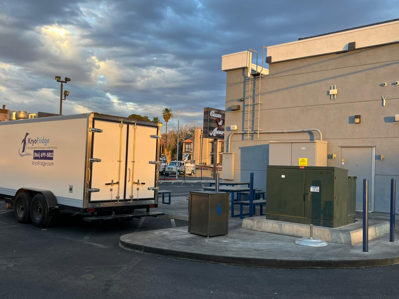KryoFridge branded trailer at a commercial site providing cold storage near Sunnyvale