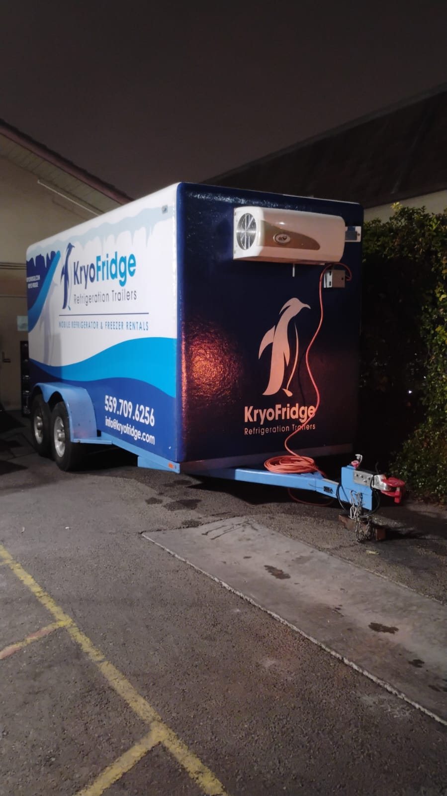 KryoFridge-branded blue and white refrigeration trailer parked and ready for a Temecula Valley cold-storage job