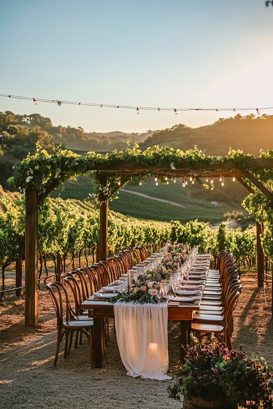 Long-table vineyard wedding reception at golden hour in Temecula Wine Country, the kind of event that needs reliable on-site cold storage