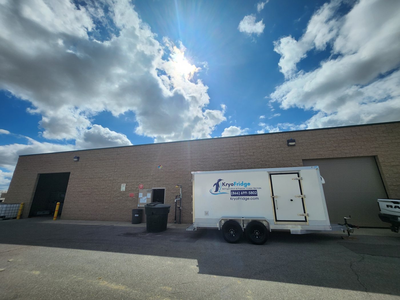 Clean white KryoFridge freezer trailer side profile available to rent in Temecula and the Temecula Valley