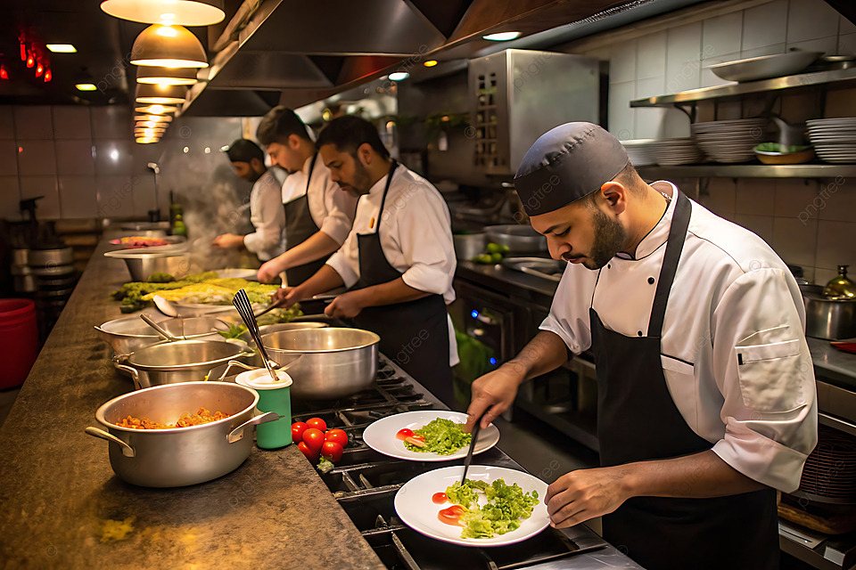 Busy Carson City commercial restaurant kitchen line with cooks plating during a downtown dinner service