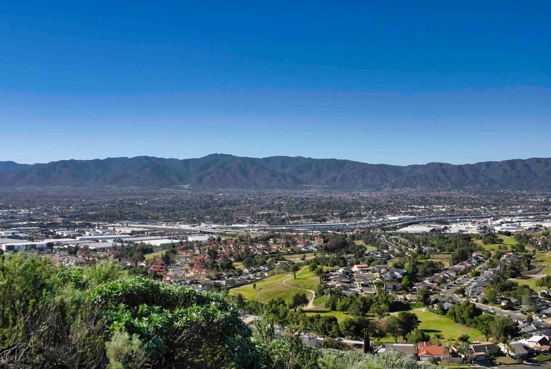 Aerial view of Corona, California, set against the Santa Ana Mountains in the Inland Empire
