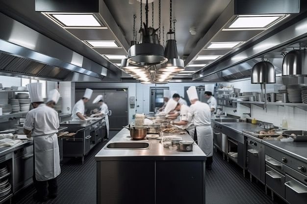 Busy Elk Grove commercial restaurant kitchen line with cooks plating during dinner service