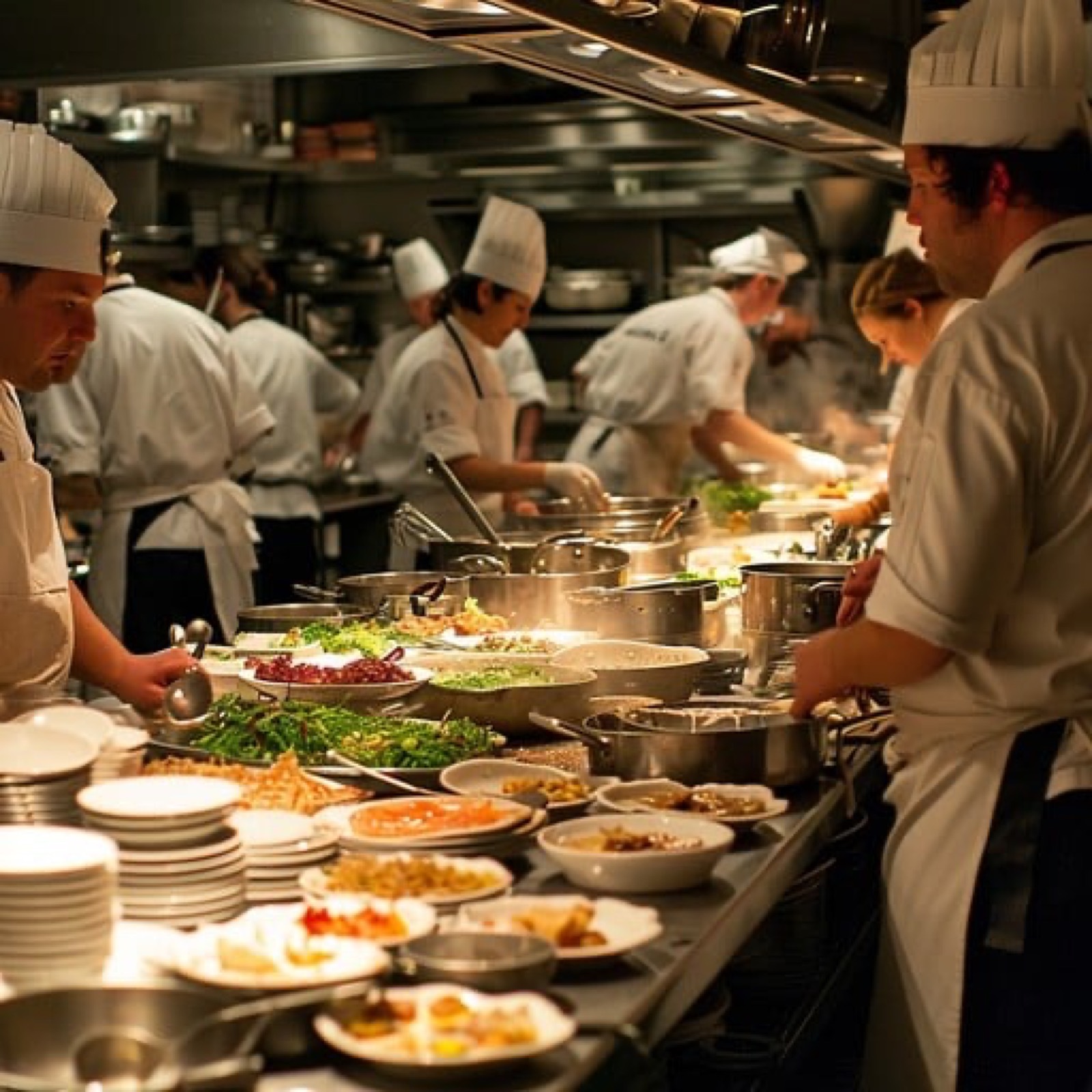 Busy Fresno commercial restaurant kitchen line with cooks plating during a summer dinner service
