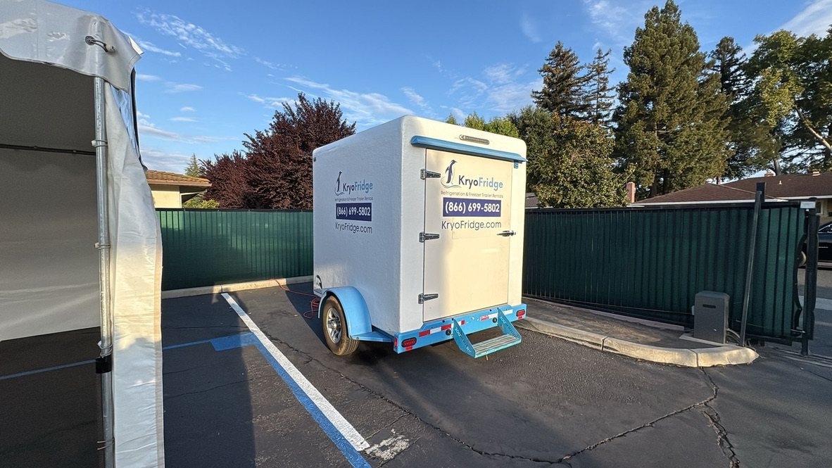 KryoFridge freezer and refrigeration trailer rental staged on a Chula Vista South Bay commercial lot for same-day cold storage