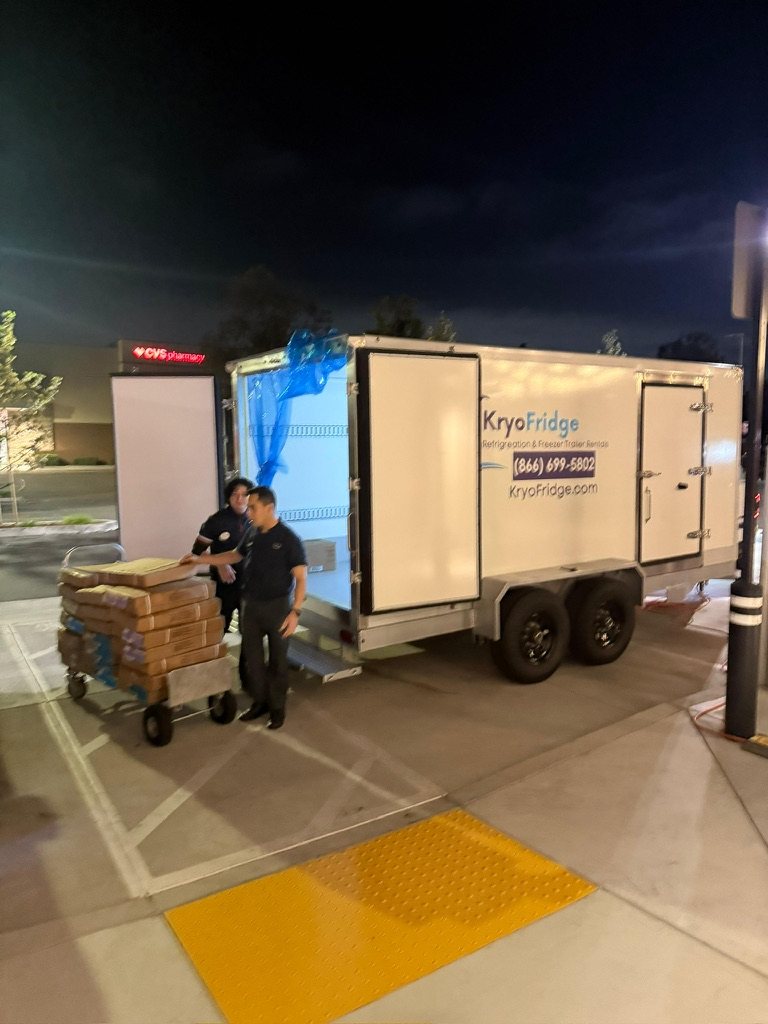 KryoFridge freezer trailer rental parked on an Elk Grove commercial lot ready for same-day cold storage along the Highway 99 corridor