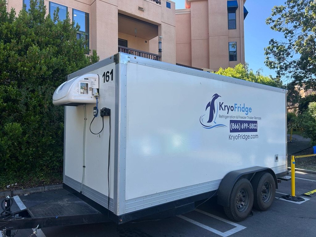 KryoFridge freezer and refrigeration trailer staged on a Visalia commercial lot for same-day Tulare County cold storage