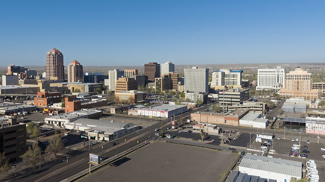 Aerial view of the Albuquerque downtown skyline in the high desert, the metro KryoFridge serves with freezer and refrigerated trailers