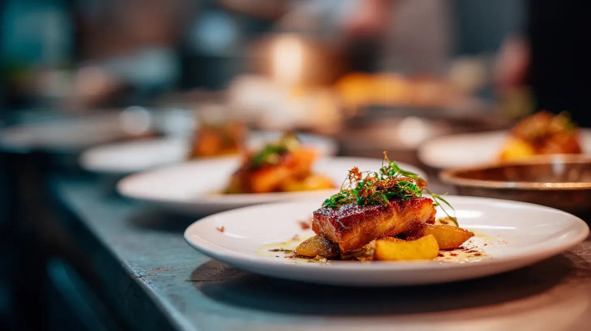 Busy Orem, Utah commercial restaurant kitchen line with cooks plating during dinner service