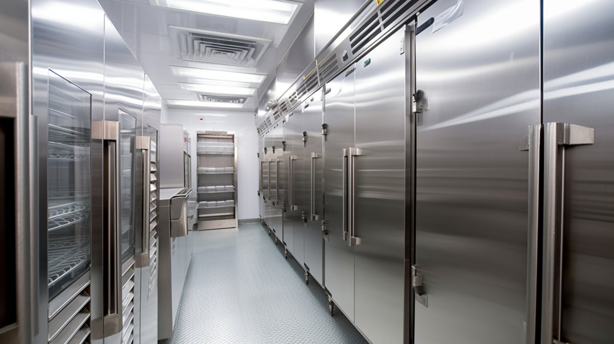 Stainless-steel shelving inside a KryoFridge refrigeration trailer rented for Reno cold storage