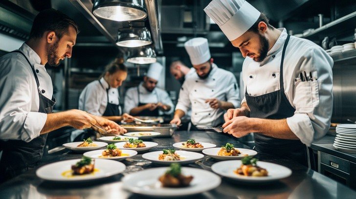 Busy Salinas commercial restaurant kitchen line with cooks plating during dinner service