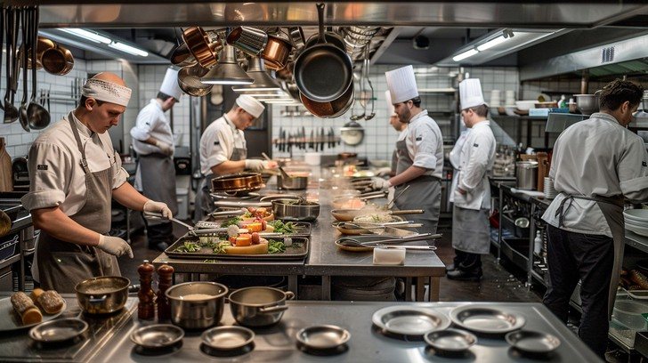 Busy Sandy, Utah commercial restaurant kitchen line with cooks plating during a dinner service rush