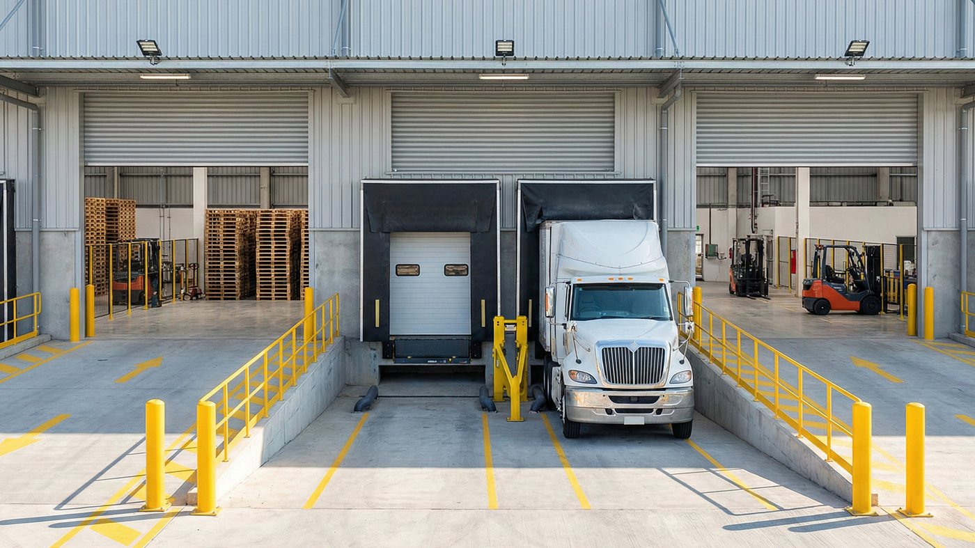 Loading dock with a semi truck and forklift at a Dallas–Fort Worth distribution warehouse