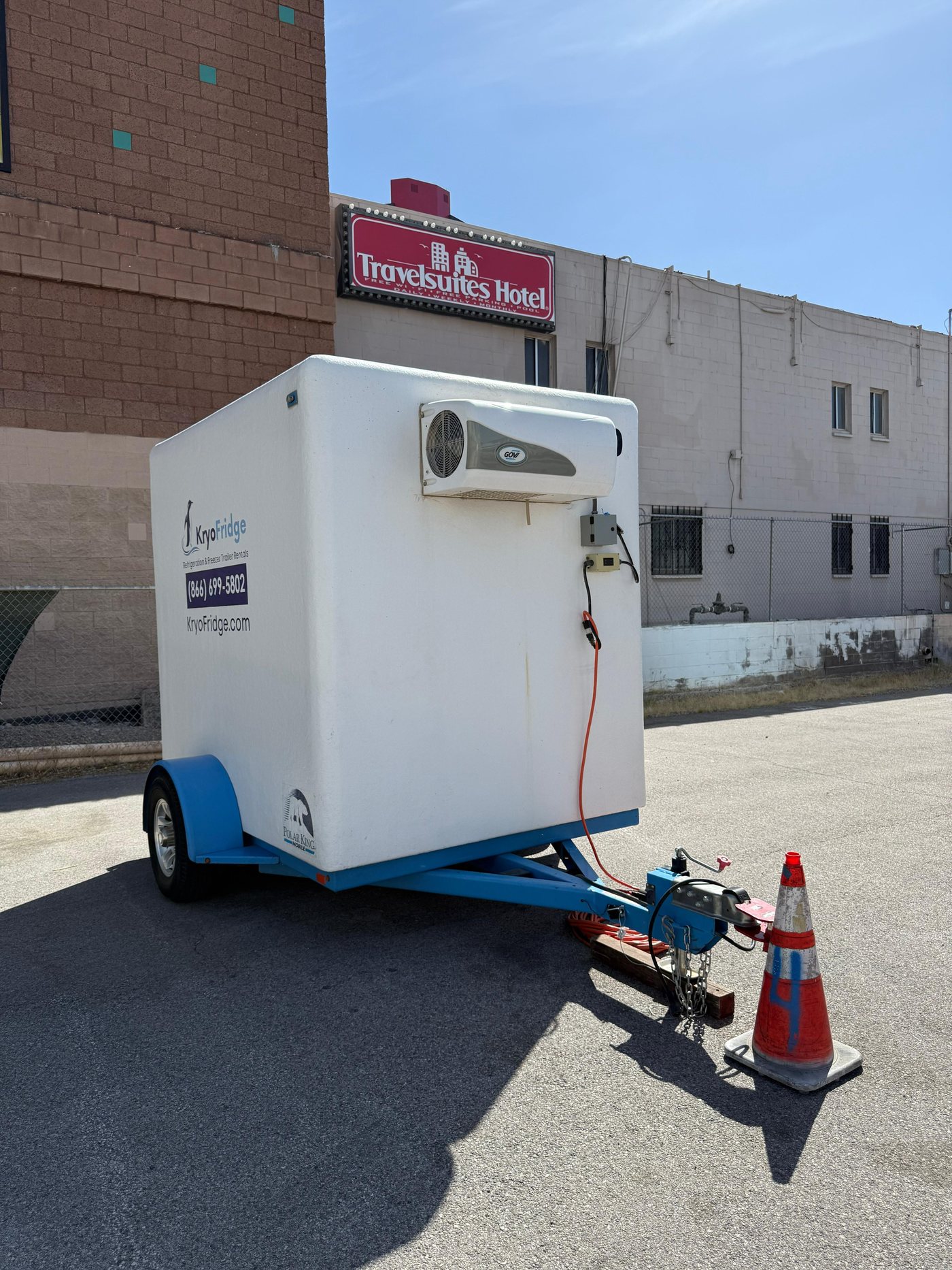 Clean side profile of a KryoFridge freezer trailer available for rent across Dallas–Fort Worth