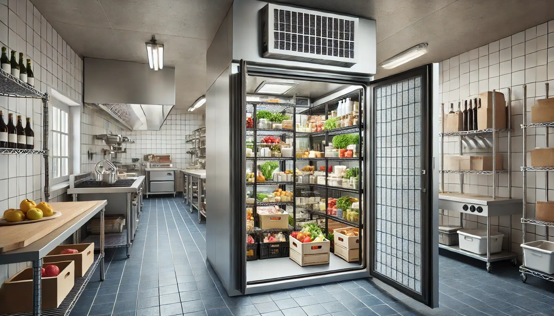 Stainless-steel walk-in cooler interior shelving inside a KryoFridge refrigerated rental trailer