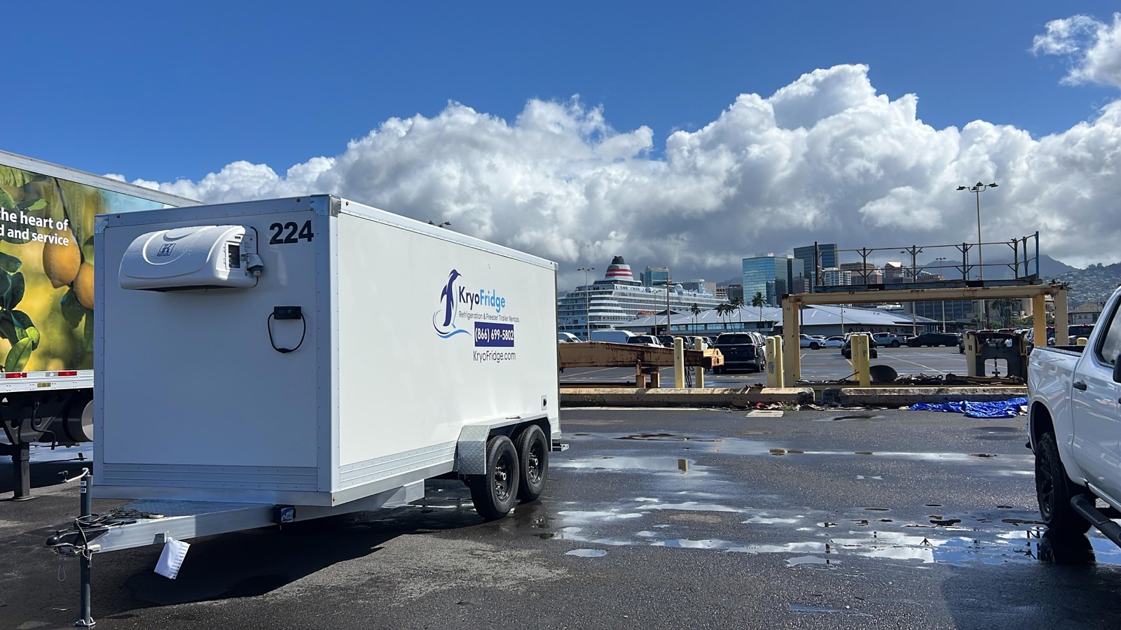 KryoFridge 8' Freezer Trailer staged at a working port facility