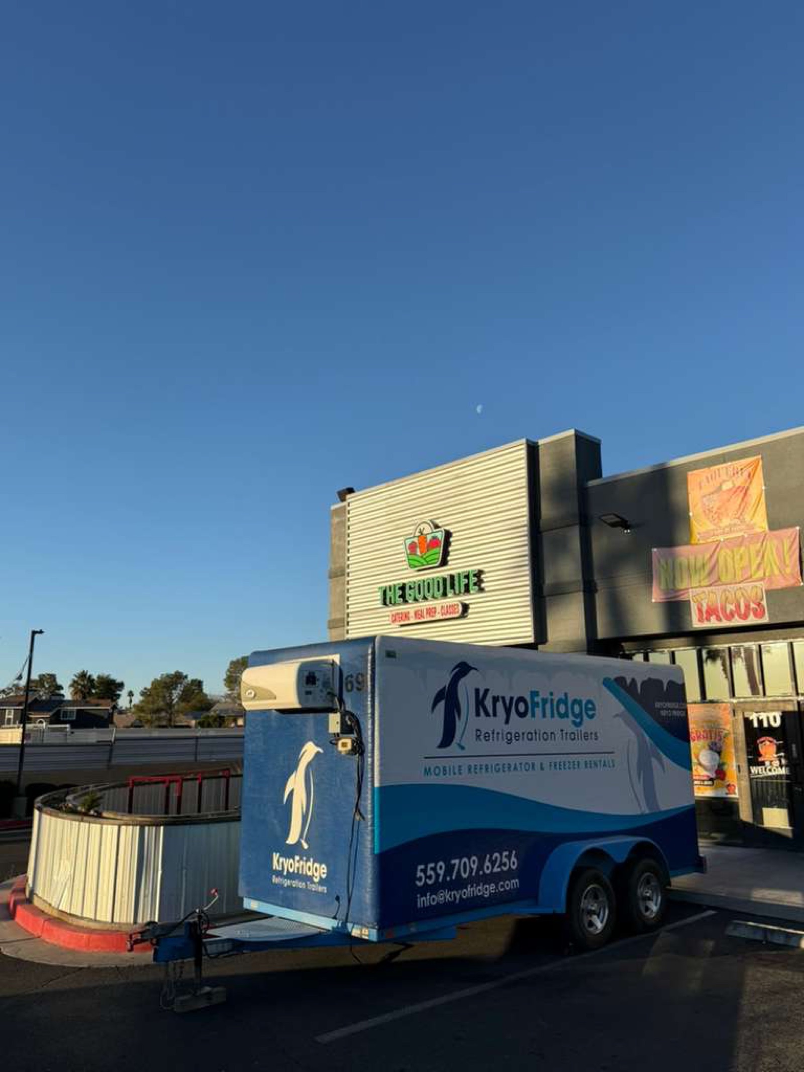 KryoFridge Refrigeration Trailer parked at a restaurant back lot