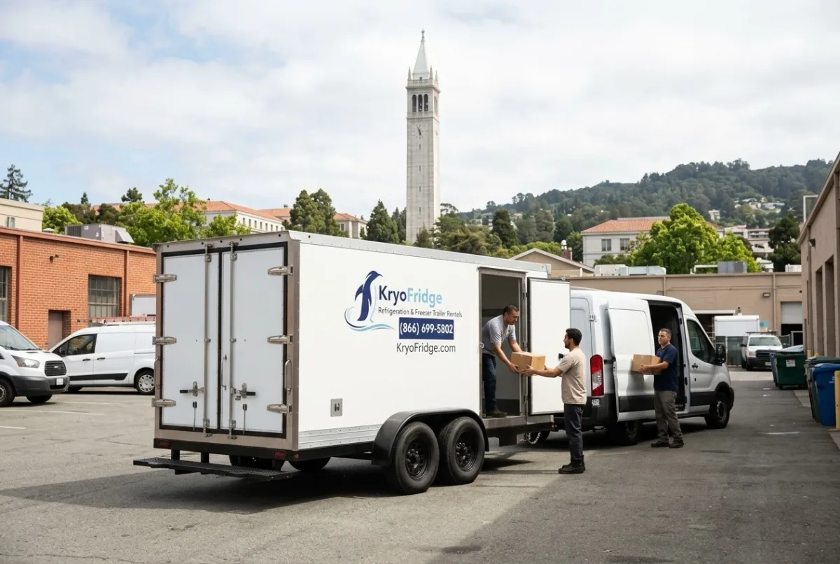 Clean white KryoFridge refrigerated trailer parked and waiting ahead of a drop in Berkeley, California