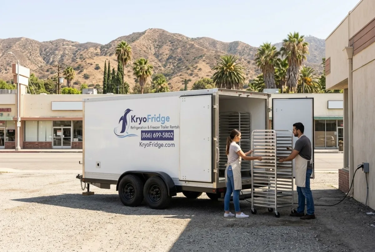 Staged KryoFridge walk-in freezer trailer photographed in side profile on a lot in Burbank, California