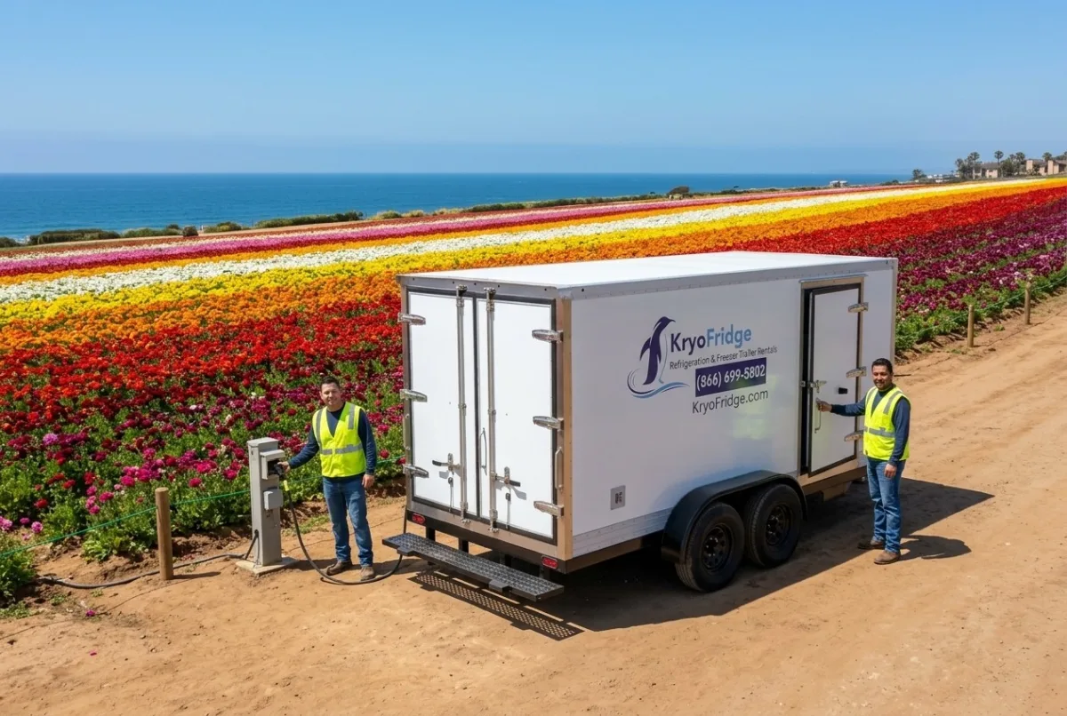 Side view of a clean white KryoFridge freezer trailer bound for a job in Carlsbad, California